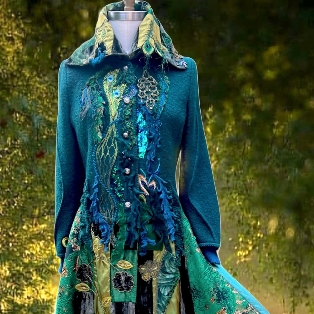 Sold. Peacock Sweater COAT, fantasy Art to wear boho artistic clothing, size L